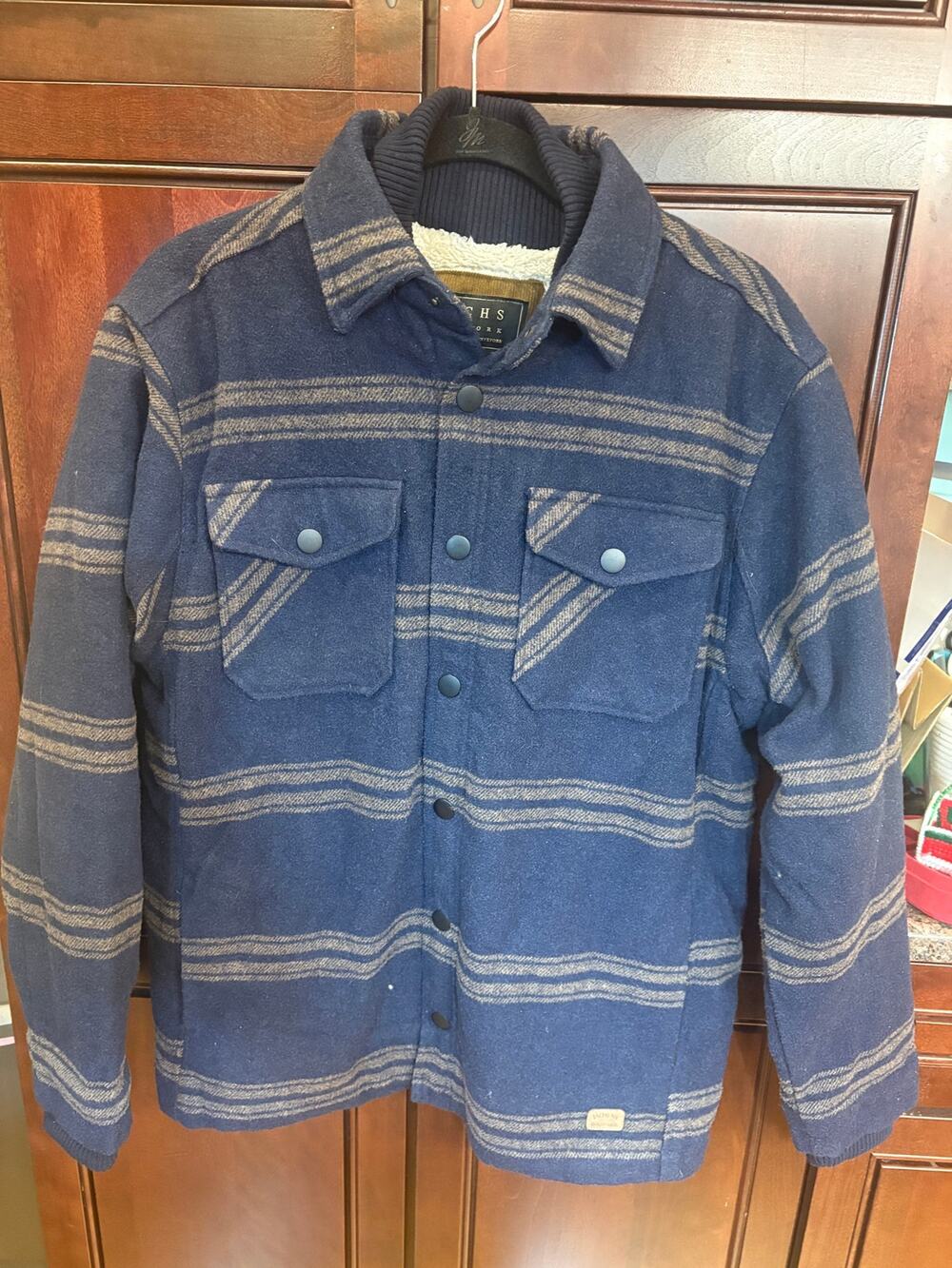 JACHS New York Mens Blue Gray Striped Wool Blend Sherpa Lined Shirt Jacket